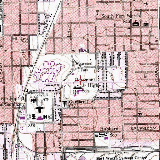 Topographic Map of Rosemont Middle School, TX