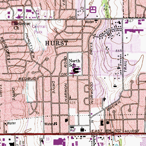 Topographic Map of Hurst Junior High School, TX