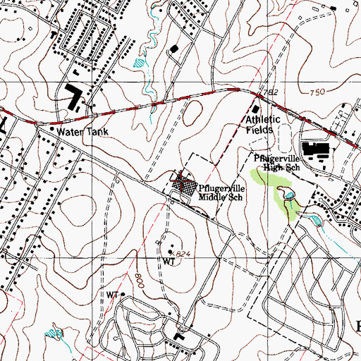 Topographic Map of Pflugerville Middle School, TX