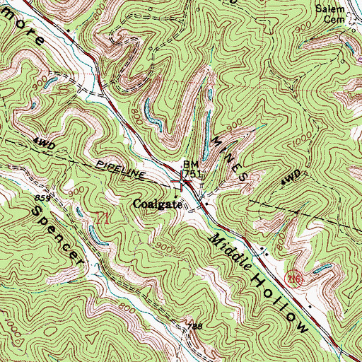 Topographic Map of Coalgate Post Office (historical), OH
