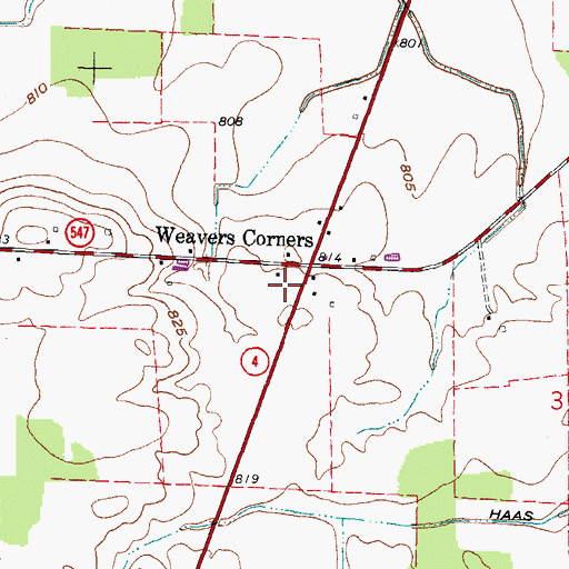 Topographic Map of Weavers Corners Post Office (historical), OH