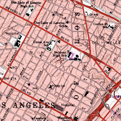 Topographic Map of Belmont Community Adult School, CA