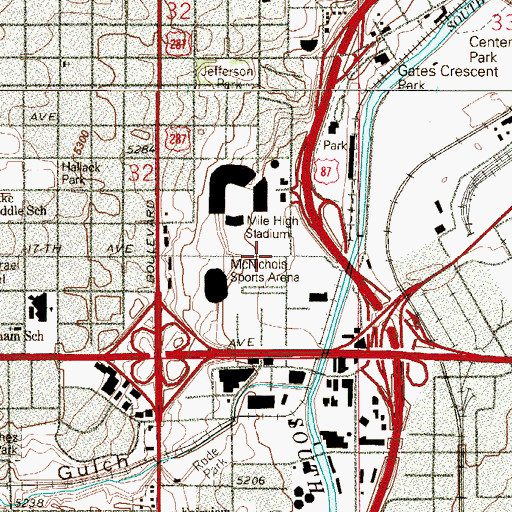 Topographic Map of Sports Authority Field at Mile High, CO