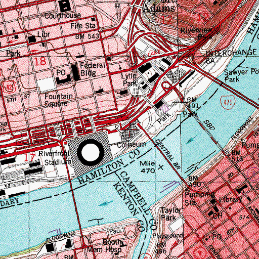 Topographic Map of US Bank Arena, OH