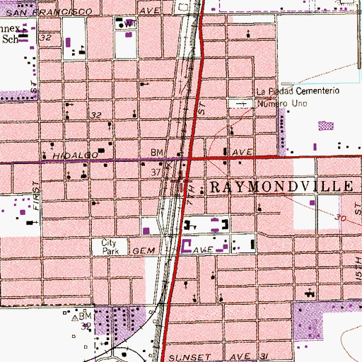 Topographic Map of Historical Center of Raymondville, TX