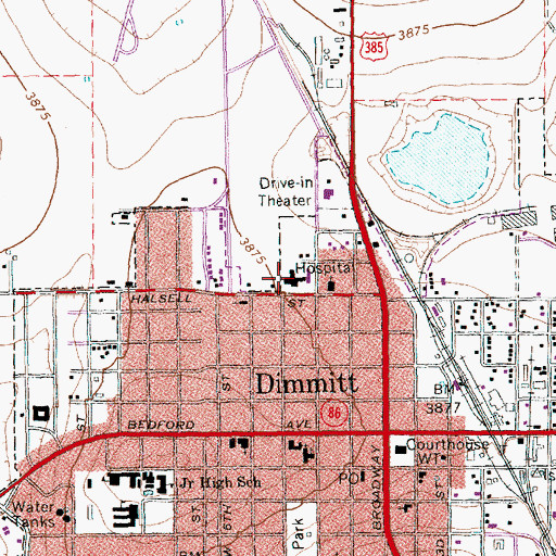 Topographic Map of Plains Memorial Hospital, TX