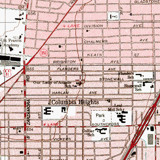 Topographic Map of Our Lady of the Angels Church, TX