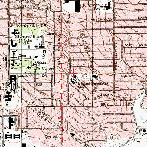 Topographic Map of Blessed Sacrament Catholic Church, TX