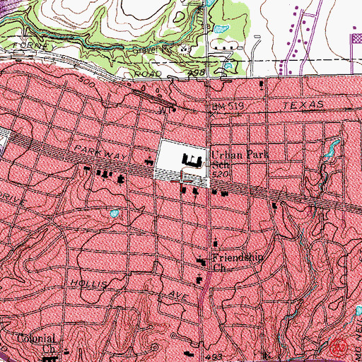 Topographic Map of First Baptist Church of Urbandale, TX