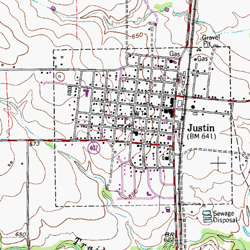 Topographic Map of Justin Assembly of God Church, TX