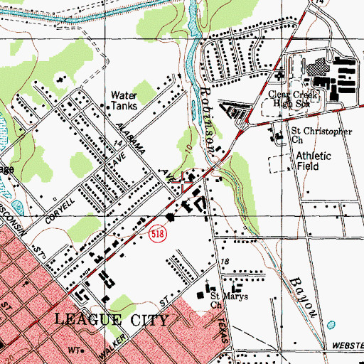 Topographic Map of League City Church of Christ, TX