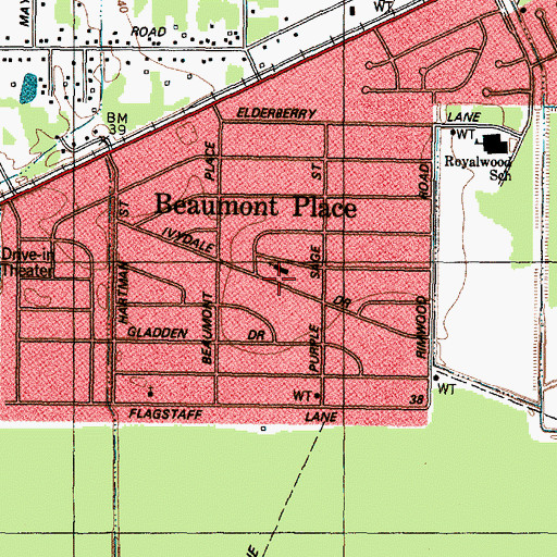 Topographic Map of Beaumont Place Baptist Church, TX