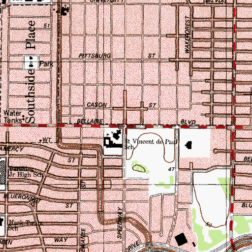 Topographic Map of Saint Vincents Catholic Church, TX