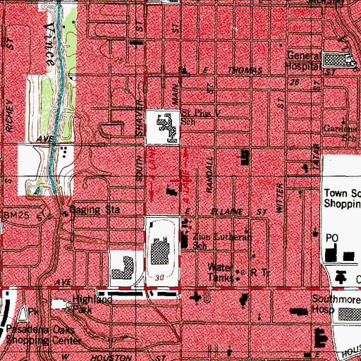 Topographic Map of Central Church of Christ in Pasadena, TX