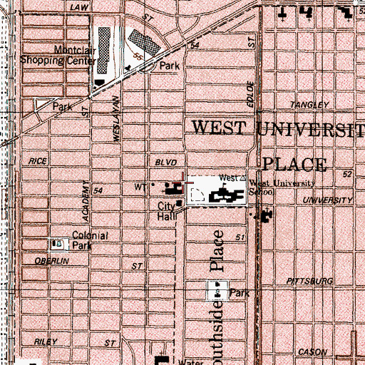 Topographic Map of West University Baptist Church, TX