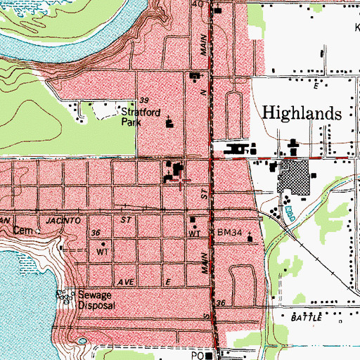 Topographic Map of Church of Christ - Highlands, TX