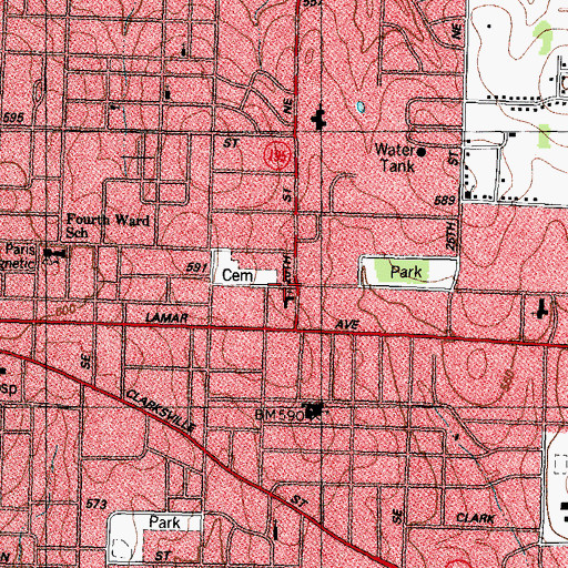 Topographic Map of Paris First Church of the Nazarene, TX