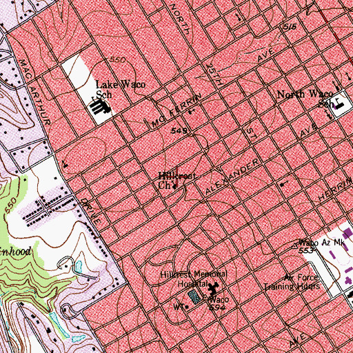 Topographic Map of Hillcrest Church, TX