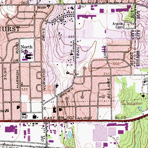 Topographic Map of Brown Trail Baptist Church, TX