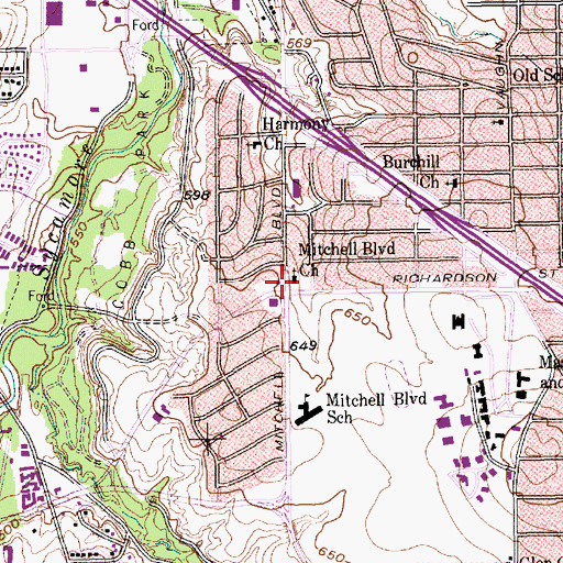 Topographic Map of Mitchell Boulvard Church of Christ, TX
