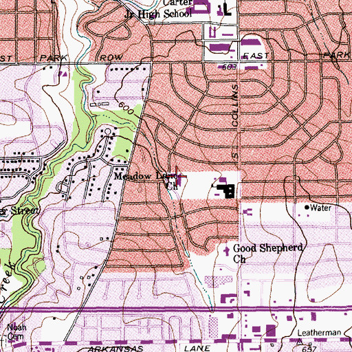 Topographic Map of Meadow Lane Baptist Church, TX