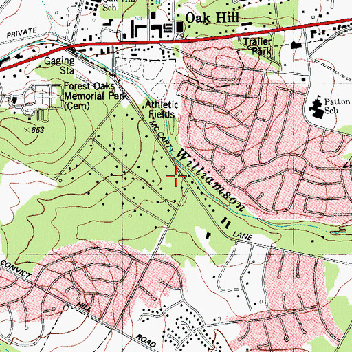 Topographic Map of Shepherd of the Hills Presbyterian Church in Oak Hill, TX