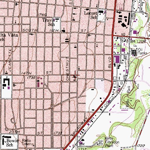 Topographic Map of South 14th and Oak Church of Christ, TX
