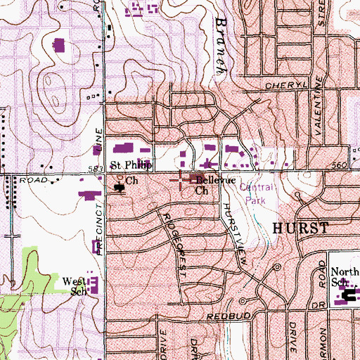 Topographic Map of Bellevue Church, TX