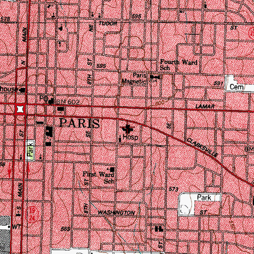 Topographic Map of Paris Regional Medical Center South Campus, TX