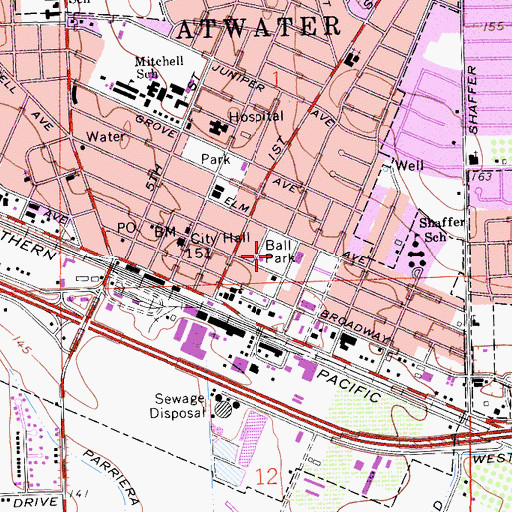 Topographic Map of Atwater Memorial Ballpark, CA