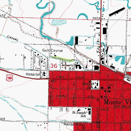 Topographic Map of Monte Vista High School, CO