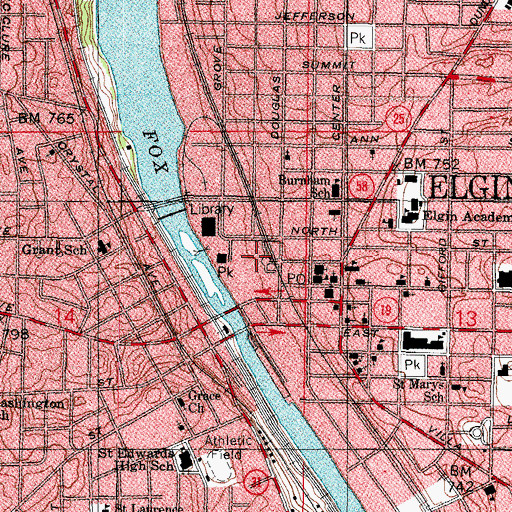 Topographic Map of Elgin City Hall, IL