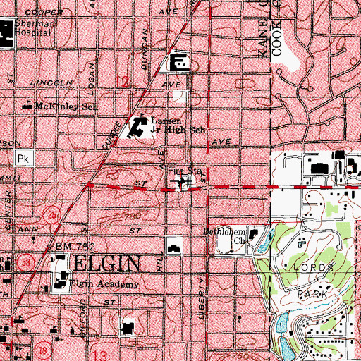 Topographic Map of Elgin Fire Department Station 1, IL