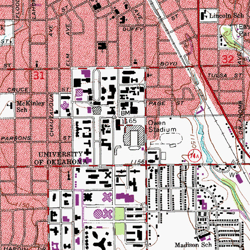 Topographic Map of Oklahoma Memorial Stadium, OK