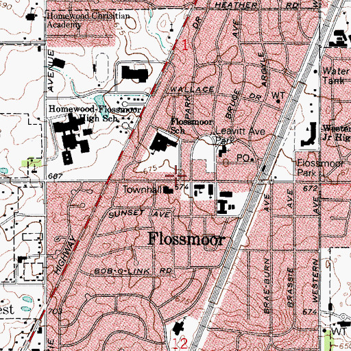 Topographic Map of Flossmoor Post Office (historical), IL