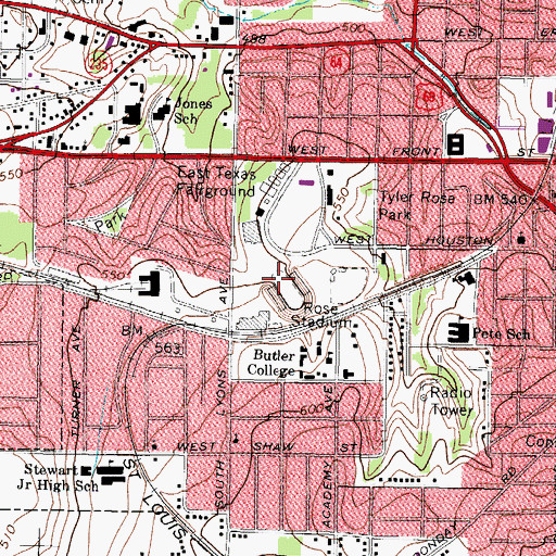 Topographic Map of Tyler Rose Stadium, TX