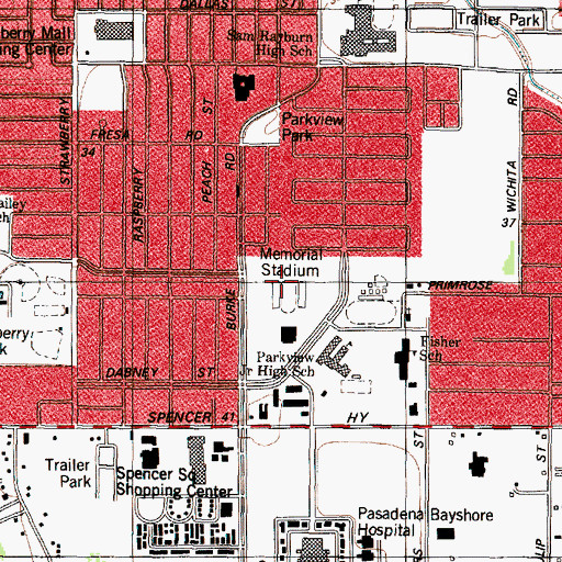 Topographic Map of Pasadena Memorial Stadium, TX