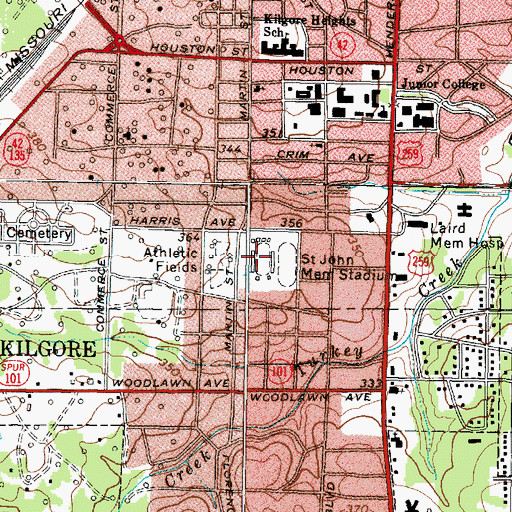 Topographic Map of R E Saint Johns Stadium, TX