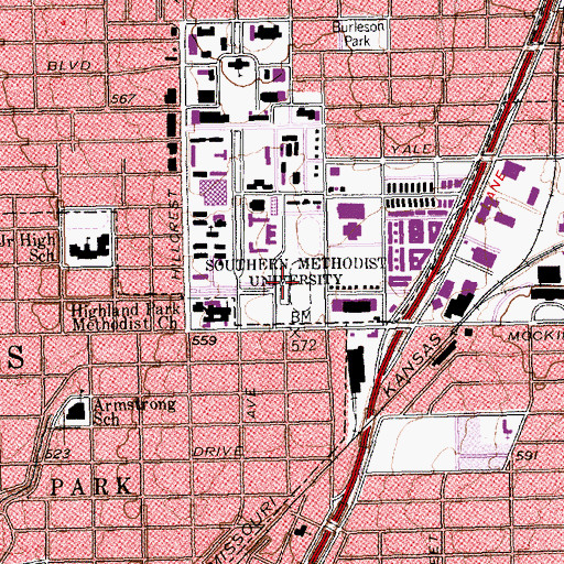 Topographic Map of Gerald J Ford Stadium - Southern Methodist University, TX