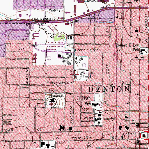 Topographic Map of Denton Independent School District Stadium, TX