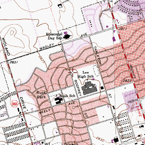 Topographic Map of Coombes Field - Trinity School, TX