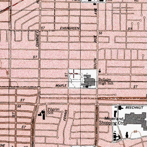 Topographic Map of Bellaire High School Football Field, TX