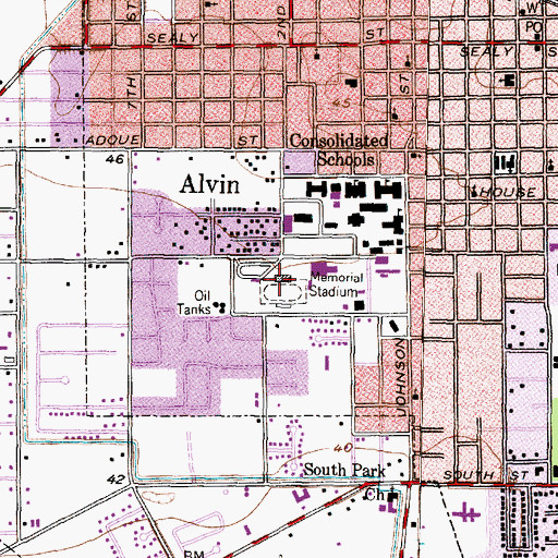 Topographic Map of Alvin Memorial Stadium, TX