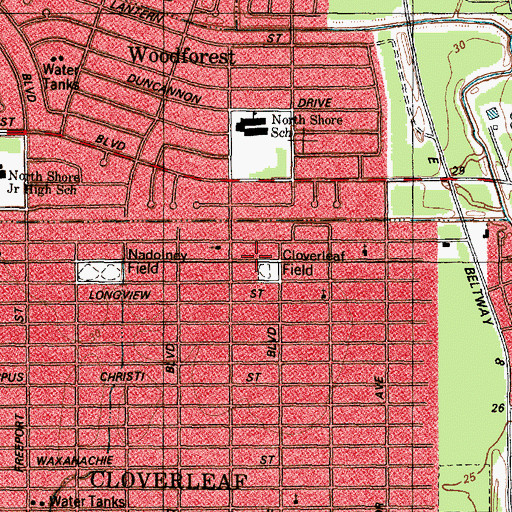 Topographic Map of Northshore Little League Cloverleaf Field, TX