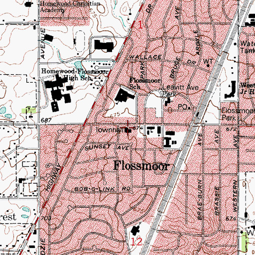 Topographic Map of Flossmoor Village Hall, IL