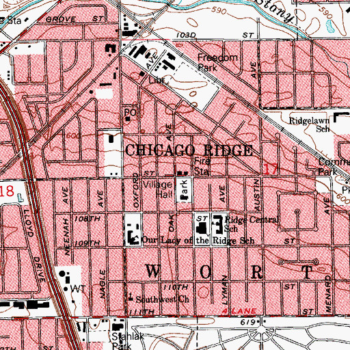 Topographic Map of Chicago Ridge Village Hall, IL