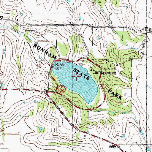 Topographic Map of Bonham State Park, TX