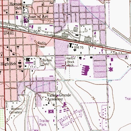 Topographic Map of Harlon Block Park, TX