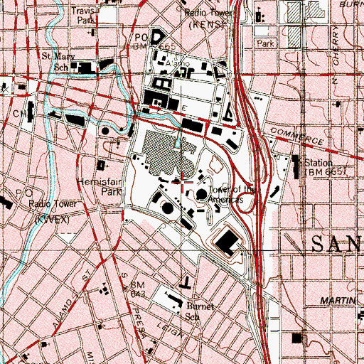Topographic Map of Hemisfair Plaza, TX