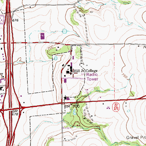 Topographic Map of Hill College, TX